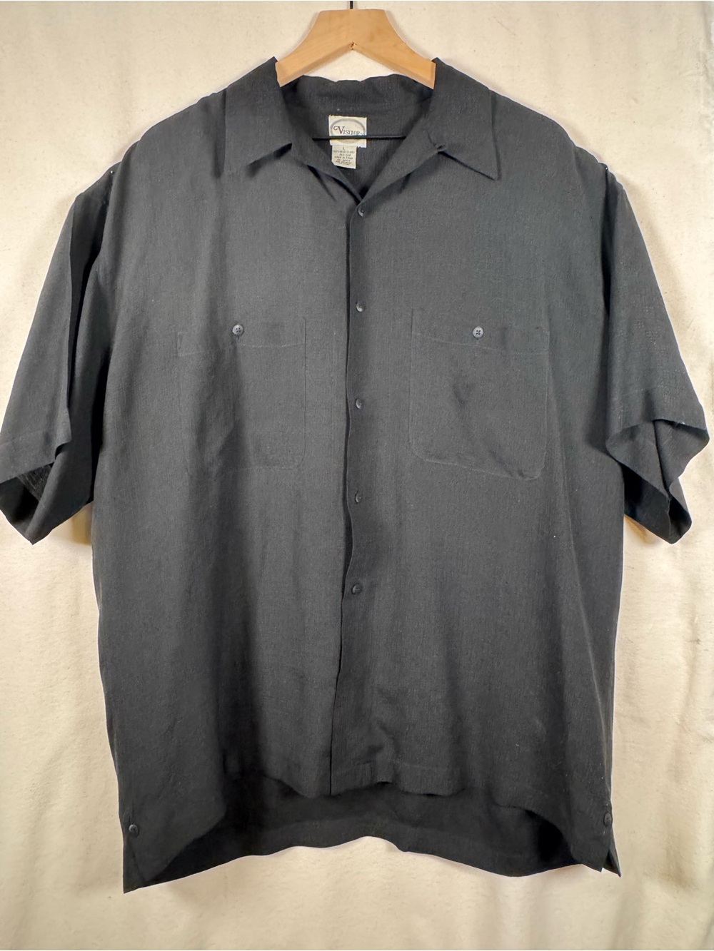 Vintage Visitor 100% Silk Black Camp Shirt Men’s Large Short Sleeve Button Front